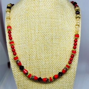 19 1/2 inch gold accents. Made with Czech beads.  Magnetic clasp